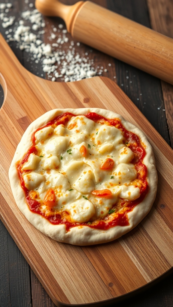 Golden brown homemade pizza crust on a wooden peel, ready for toppings.